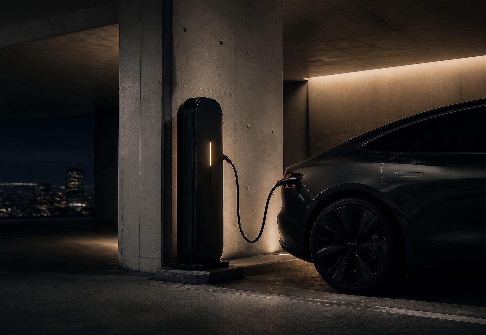 EV charger installed in a modern concrete parking structure at night